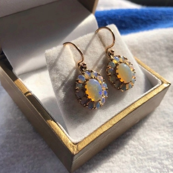 Antique fire opal earrings and pendant with chain 24 kt gold - Picture 2 of 7